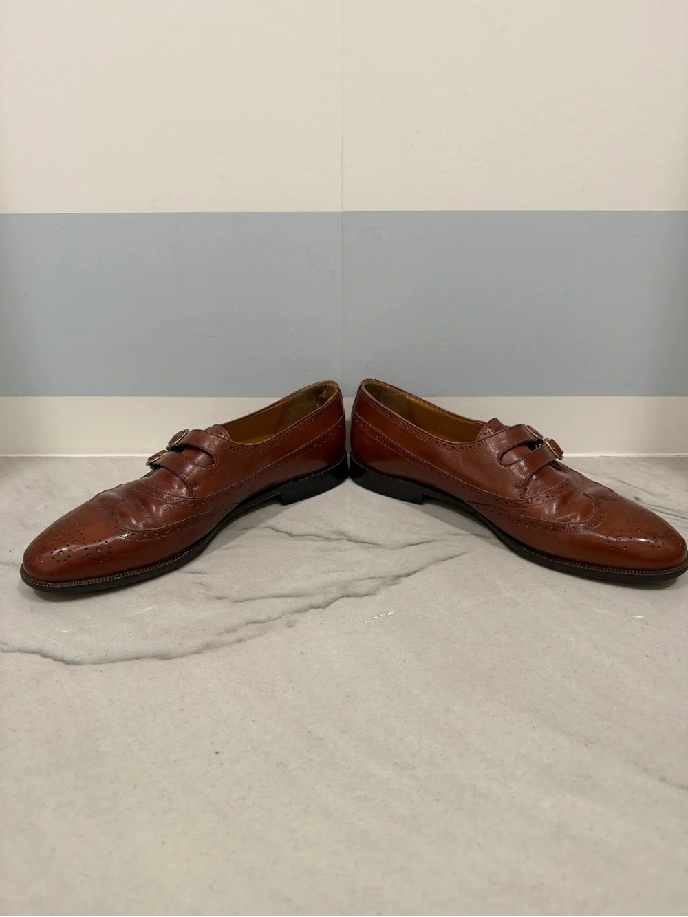 Mezlan Men's Brown Double Monk Wingtip Leather Shoes Geneva Made in Spain size 9